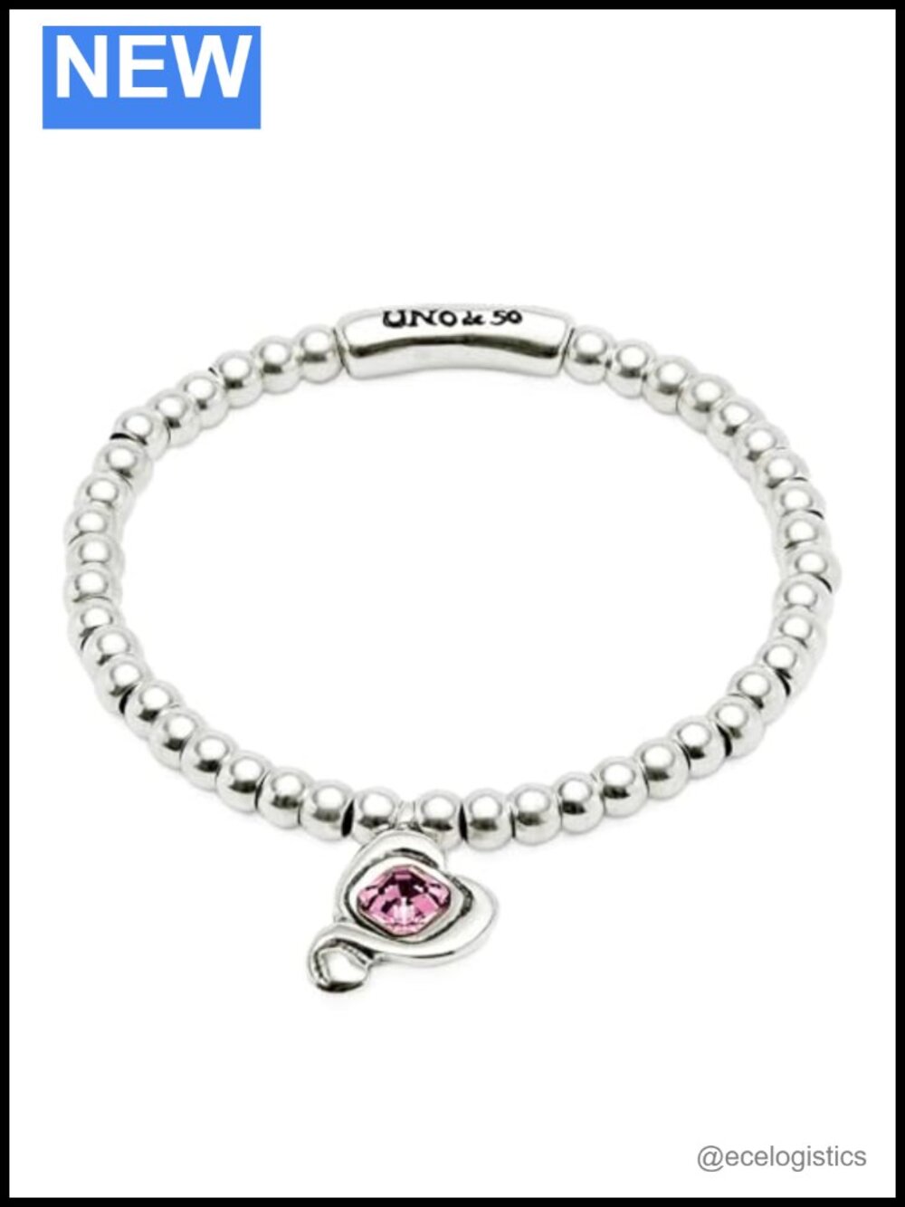 Silver-Plated Beaded Stretch Bracelet Heart Charm Crystal Accent